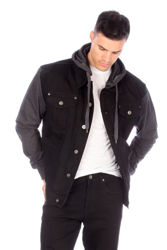 DENIM JACKET WITH HOOD   BLACK