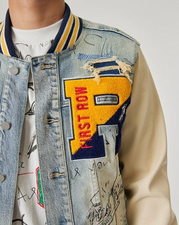 HAND DRAWING LEATHER SLEEVES DENIM VARSITY JACKET