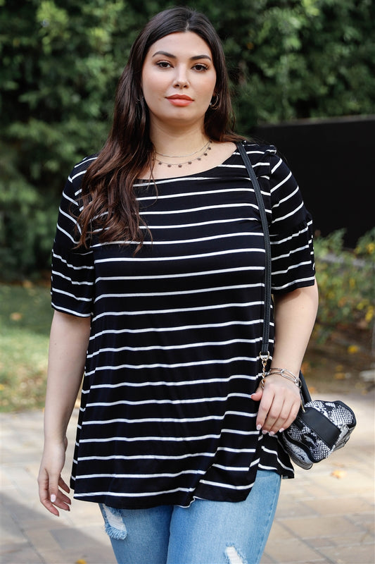 Plus Stripe Bell Short Sleeve Top