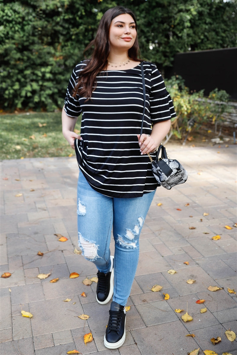 Plus Stripe Bell Short Sleeve Top