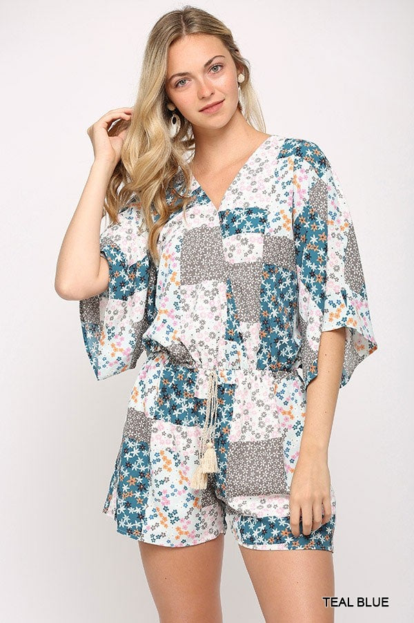 Patchwork Printed Surplice Romper With Waist Tassel Tie And Bottom Lining