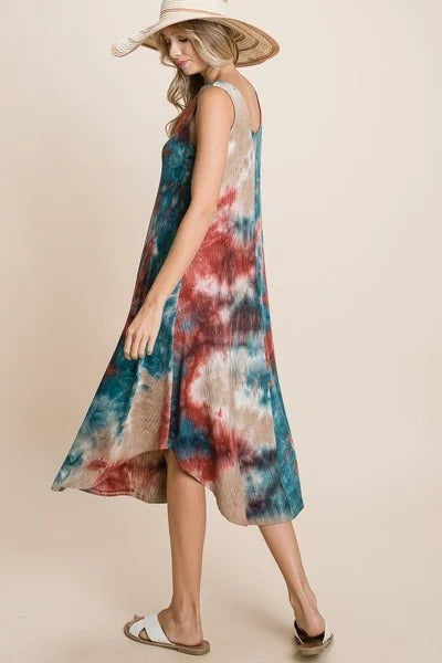 Tie Dye Ribbed Brush Sleeveless Flowy Asymmetrical Hem Midi Dress