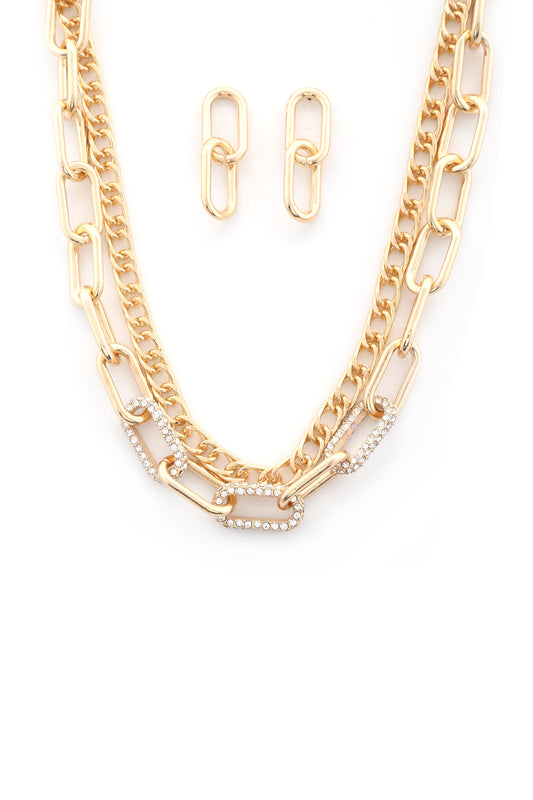 Oval Link Rhinestone Metal Layered Necklace