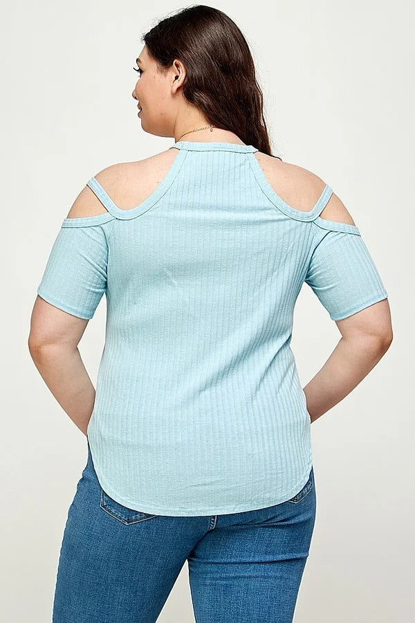 Plus Size, Solid Ribbed Cold Shoulder Top