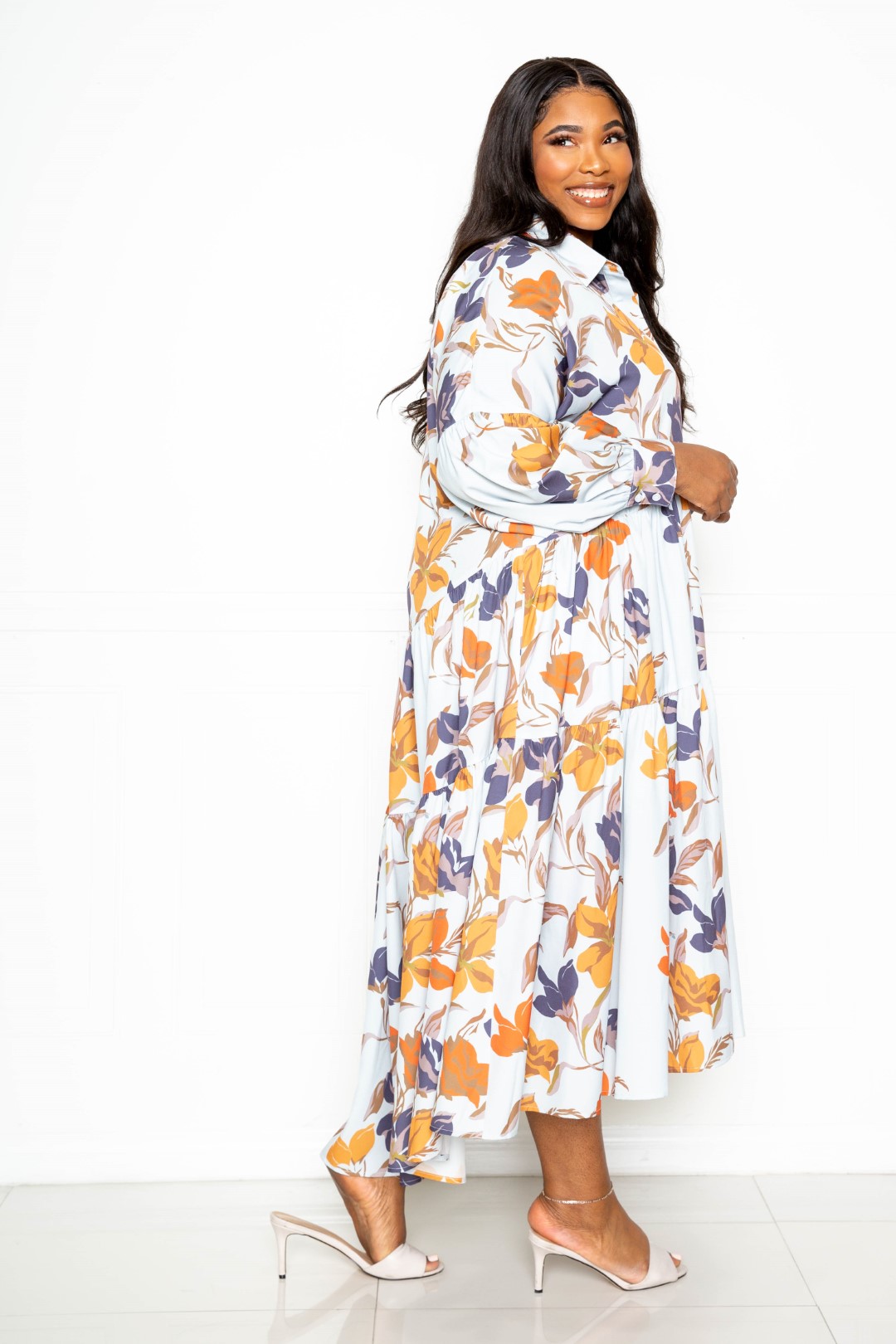 Printed Tierd Shirt Dress With Puff Sleeves