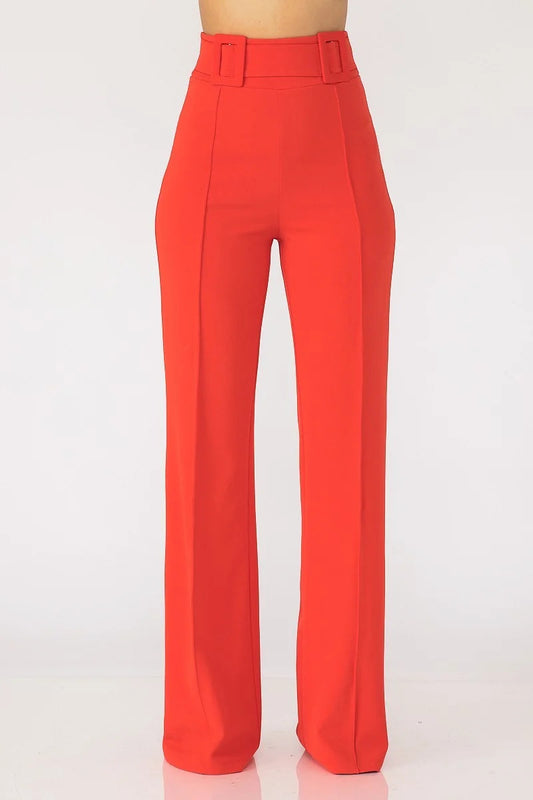 High Waist Pants With Self Fabric Buckle Detail On The Waist